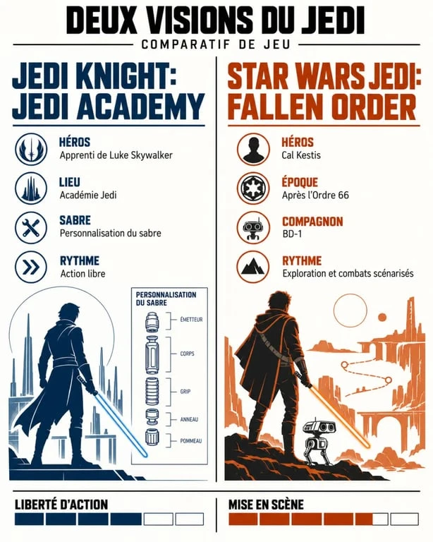 Infographie comparative Star Wars Jedi Jedi entre Jedi Academy et Fallen Order