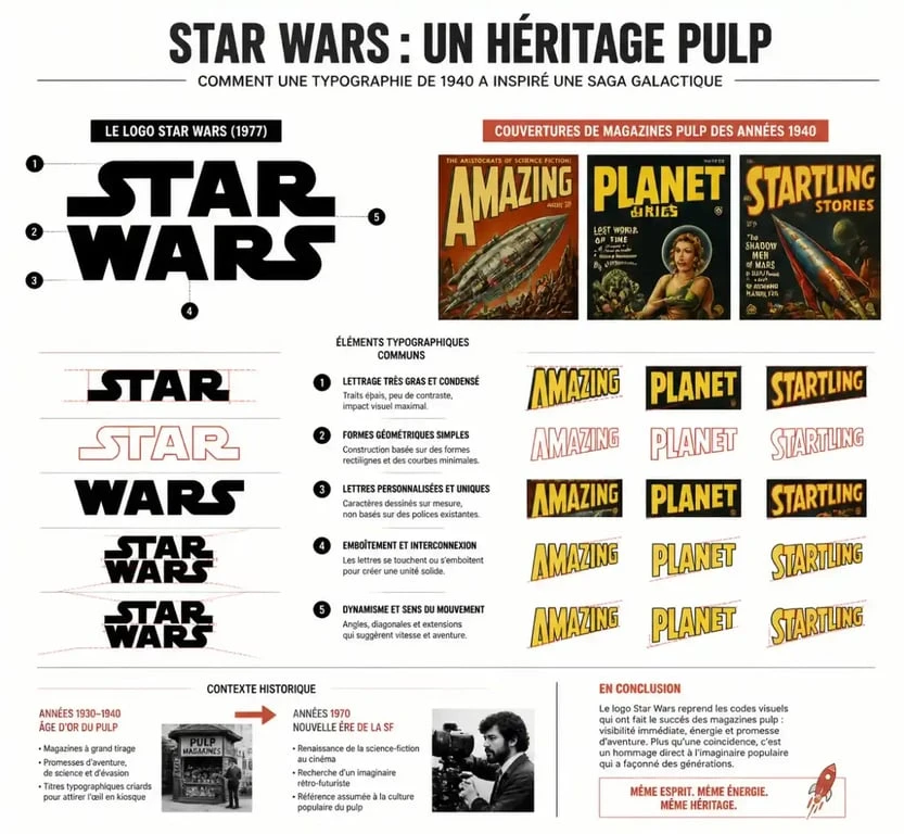 Comparaison entre le logo Star Wars et les typographies des pulp magazines des années 1940