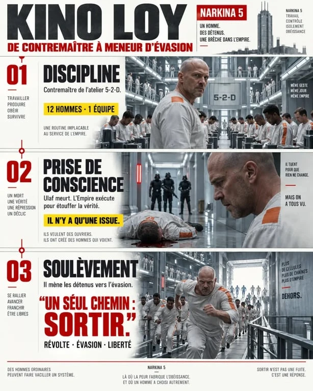 Infographie Kino Star Wars retraçant l’évolution de Kino Loy, de contremaître à meneur de l’évasion de Narkina 5