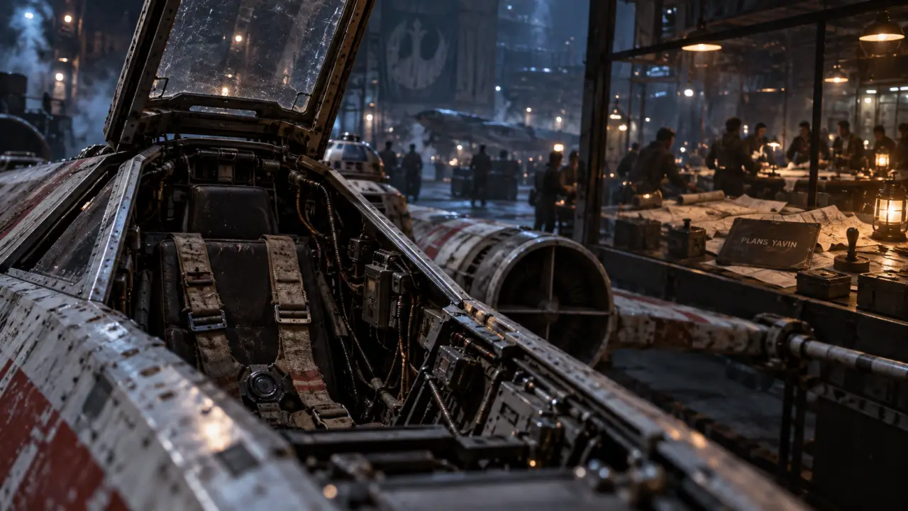 Rebellion Star Wars : plans Yavin et X-wing abandonné en hangar rebelle