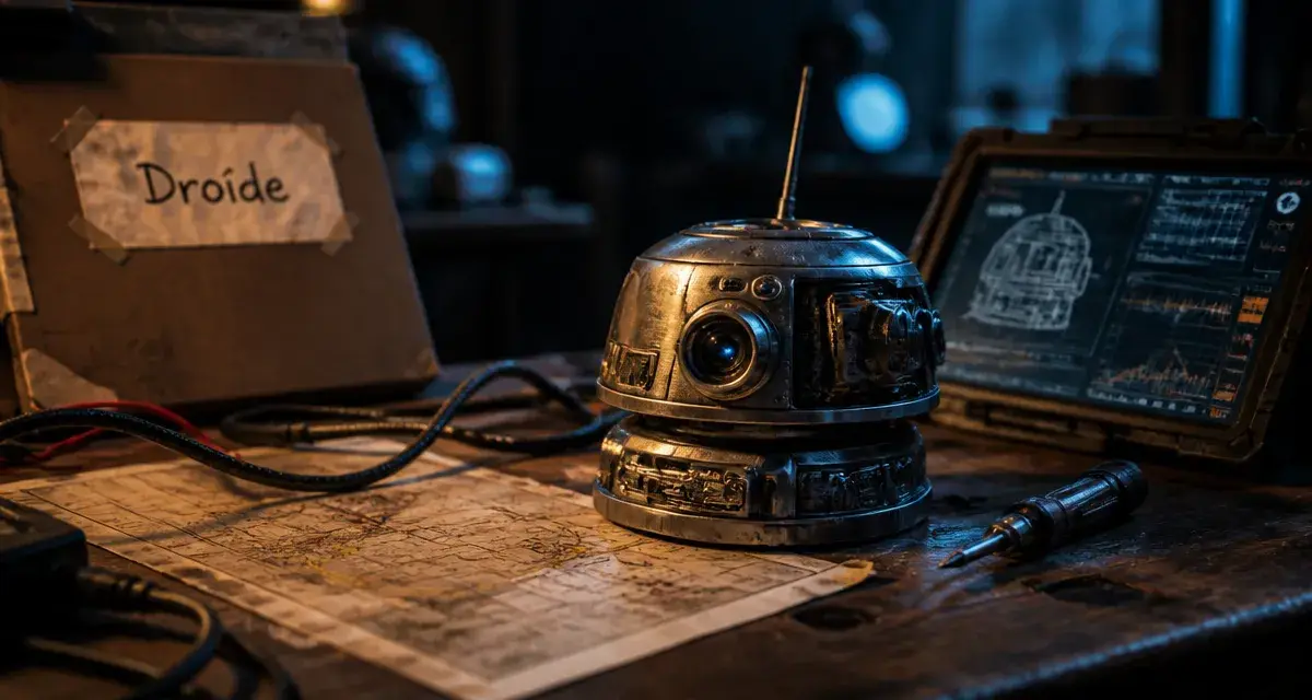 Robot star wars : droïde métallique dans un atelier sombre