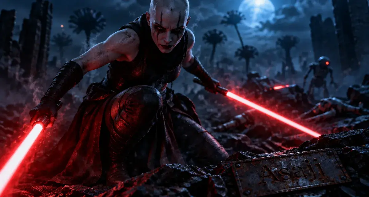 Asajj Star Wars : guerrière dathomirienne aux sabres rouges dans les ruines