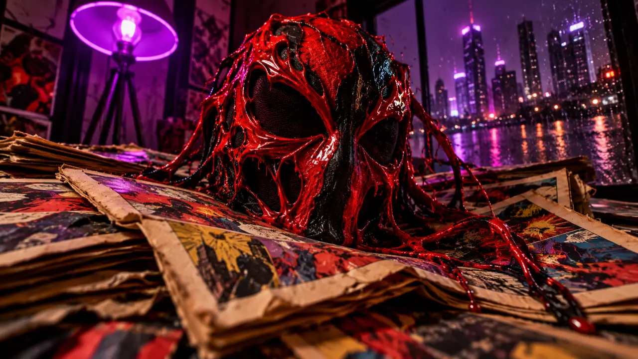 Carnage marvel comics : masque symbiote rouge-noir sur couvertures de comics