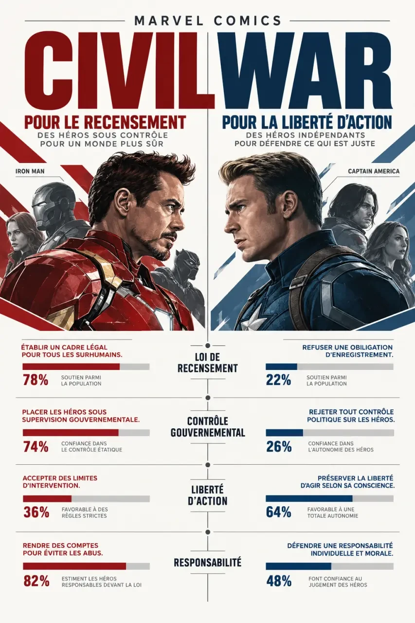 Infographie Marvel Comics Civil War présentant les camps d’Iron Man et de Captain America