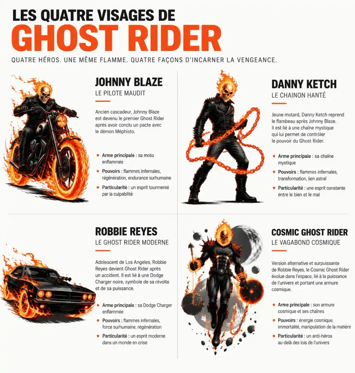 Infographie ghost rider comics marvel présentant Johnny Blaze, Danny Ketch, Robbie Reyes et Cosmic Ghost Rider