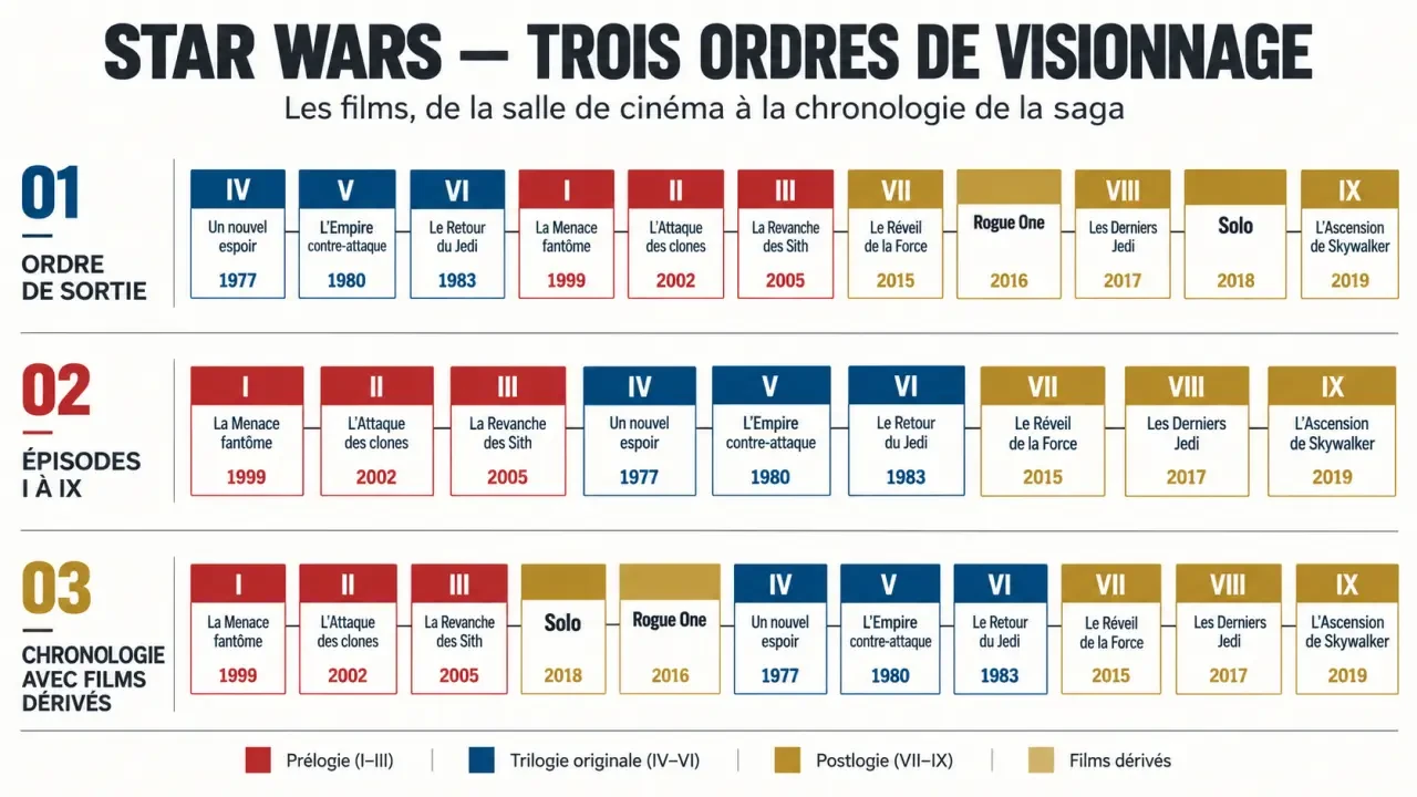 Infographie des films Star Wars avec les ordres de sortie et chronologique