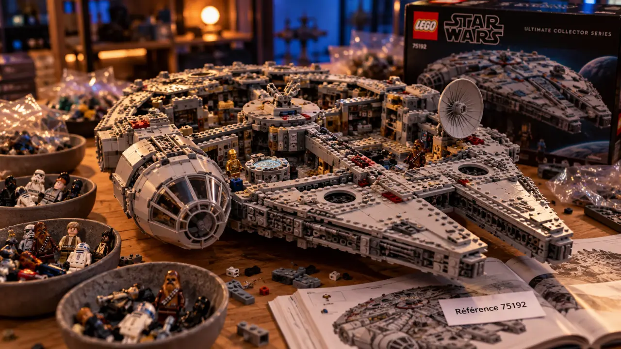 LEGO Star Wars faucon millenium 75192 ouvert sur table, minifigurines et notices