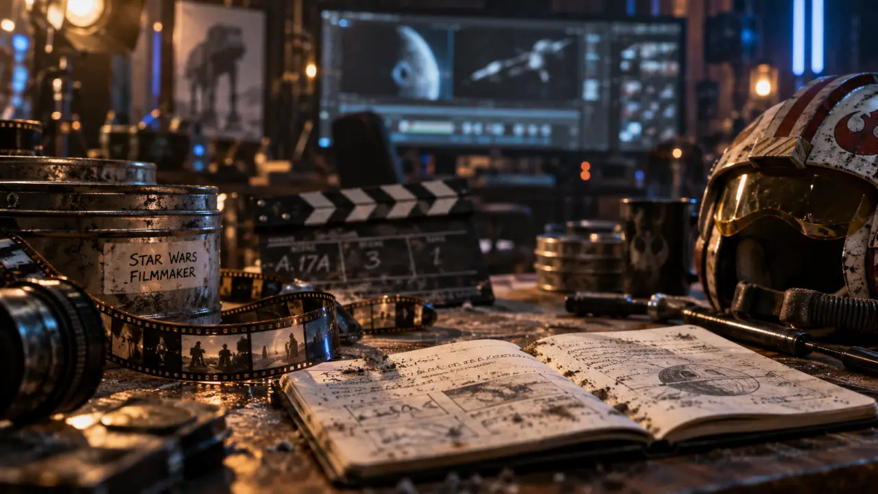 Star wars filmmaker : George Lucas sur bureau avec pellicule